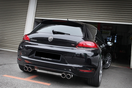 Jetex Sports Exhausts feature fully polished exhaust tips, mufflers and resonators. Full Cat-Back system with quad pipes as seen here on this Volkswagen Scirocco.