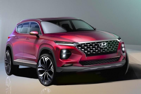 The exterior rendering highlights the new frontal section of the new generation Santa Fe. Hyundai is also introducing a large ‘Cascading Grille’ complimented by a separate headlight system, featuring divided daytime running lights (DRLs) and main lamps.